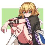  1girl arm_tattoo ass black_skirt blonde_hair closed_mouth feet_out_of_frame formicid green_eyes mizuhashi_parsee pleated_skirt pointy_ears short_hair short_sleeves skirt socks solo tattoo touhou white_socks wide_sleeves 