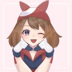  bandana black_gloves blue_eyes blush brown_hair gloves highres may_(pokemon) multicolored_clothes multicolored_gloves one_eye_closed open_mouth pink_background pokemon pokemon_(game) pokemon_rse red_bandana red_shirt shirt simple_background twitter_username white_gloves x_napii 