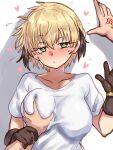  1girl absurdres blonde_hair blush blush_stickers breast_hold breasts ebora fate/grand_order fate_(series) gareth_(fate) gloves green_eyes hair_flaps highres large_breasts looking_at_viewer pillow short_hair 