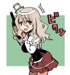  1girl bangs blush bottle breasts brown_eyes grey_hair hair_between_eyes hat holding kantai_collection large_breasts long_hair long_sleeves looking_at_viewer mini_hat open_mouth pola_(kancolle) red_skirt simple_background skirt solo sweat tsukinami_kousuke two-tone_background wavy_hair 