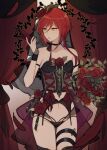  1girl absurdres black_choker black_panties black_shirt black_thighhighs blush bouquet choker ensemble_stars! feathers flower genderswap genderswap_(mtf) hair_flower hair_ornament highres holding holding_bouquet lummy_yummy multicolored_hair panties red_curtains red_feathers red_flower red_hair red_rose rose sakasaki_natsume shirt short_hair_with_long_locks solo thighhighs underwear white_hair yellow_eyes 