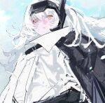  1girl 1mayusibayu cloak closed_mouth goddess_of_victory:_nikke headgear highres long_hair snow snow_white_(nikke) solo upper_body visor_(armor) white_cloak white_hair yellow_eyes 