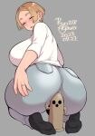  1girl agawa_ryou ass breasts closed_eyes curvy earrings grey_background huge_ass huge_breasts jewelry large_breasts light_brown_hair original pants ring shirt short_hair simple_background socks solo white_shirt wide_hips 