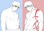  1boy abs alternate_muscle_size bara belly body_markings character_request chest_hair greyscale_with_colored_background head_tilt jockstrap kekkai_sensen light_blush looking_at_viewer male_focus male_underwear mature_male muscular muscular_male navel navel_hair nipples nore_(boosuke) pectorals plump short_hair sideburns spot_color steven_a._starphase stomach thick_eyebrows topless_male underwear 