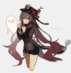  1girl bead_bracelet beads black_headwear black_shorts boo_tao_(genshin_impact) bracelet brown_coat brown_hair coat coattails flower genshin_impact grey_background hair_flaps hat highres hu_tao_(genshin_impact) jewelry long_hair long_sleeves looking_at_viewer merry-san porkpie_hat red_flower shorts sidelocks simple_background solo twintails very_long_hair 