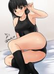  1girl adjusting_hair amagami armpits ass ayatsuji_tsukasa black_hair black_one-piece_swimsuit black_socks breasts brown_eyes commentary_request competition_swimsuit dutch_angle highres kneehighs on_bed one-piece_swimsuit signature smile socks solo swimsuit thighs twitter_username yoo_tenchi 
