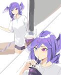  1girl asymmetrical_arms black_nails black_shorts blue_eyes braid cup frown grimace_shake_(meme) head_wings heterochromia highres holding holding_cup lendivere looking_at_viewer looking_down medium_hair meme nijisanji nijisanji_en purple_eyes purple_hair selen_tatsuki shirt shorts tail twin_braids virtual_youtuber white_shirt wings 