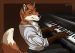  anthro bottomwear canid canine chest_tuft clothing dipstick_tail fox jakkals_van_der_bergh_(doppelfoxx) jewelry keyboard_instrument littlebadwolf looking_at_viewer male mammal markings musical_instrument necklace orange_eyes pants piano playing_music playing_piano rolled_up_sleeves shirt signature simple_background sitting smile smiling_at_viewer smirk smirking_at_viewer solo tail tail_markings topwear tuft whiskers white_clothing white_shirt white_topwear 