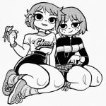  2girls breasts bryan_lee_o&#039;malley freckles greyscale high-waist_skirt highres holding holding_key jacket key kim_pine medium_breasts miniskirt monochrome multiple_girls official_style pencil_skirt plaid plaid_skirt ramona_v_flowers scott_pilgrim seiza short_hair shorts shorts_under_skirt sitting skirt smile yokozuwari 