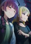  2girls absurdres ahoge black_bow black_choker black_shirt blonde_hair blunt_bangs blush bocchi_the_rock! bow braid choker closed_eyes closed_mouth crossed_arms dress earrings green_dress hair_bow hair_over_shoulder highres hiroi_kikuri ijichi_seika indoors jacket jewelry long_hair long_sleeves multiple_girls open_clothes open_jacket purple_hair red_eyes seisyuntarotto shirt single_braid smile upper_body 