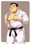  1boy abs bandaged_arm bandages bara belt black_belt black_hair border brown_background brown_eyes closed_mouth cowboy_shot dougi ei_(marutendon) glowing glowing_eyes karate_gi kushinada_jugo large_pectorals looking_at_viewer male_focus martial_arts_belt muscular muscular_male nipples outside_border pectorals short_hair simple_background solo standing sweat thick_eyebrows tokyo_afterschool_summoners white_border 