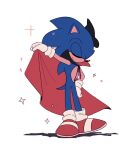  1boy animal_ears animal_nose cape cape_lift closed_eyes closed_mouth commentary_request full_body furry furry_male gloves male_focus mo0n_friend red_cape red_footwear shoes simple_background smile solo sonic_(series) sonic_the_hedgehog standing tail white_background white_gloves 