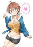  1girl black_shorts blush breasts brown_hair cleavage collarbone commentary green_eyes heart highres large_breasts looking_at_viewer midriff navel new_game! open_mouth orange_shirt shinoda_hajime shirt short_hair shorts solo spoken_heart tank_top t~t 
