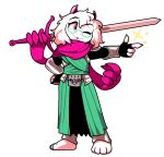  1boy barefoot bracer deltarune discommunicator dungeons_and_dragons fingerless_gloves full_body furry glasses gloves goat_boy hand_on_own_hip holding holding_sword holding_weapon pink_eyes pink_horns pink_scarf pointing ralsei scarf sparkle standing sword tongue tongue_out weapon 