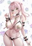  1girl armlet ass_visible_through_thighs blush bra bracelet breasts choker cupless_bra highres jewelry large_breasts looking_at_viewer navel open_mouth original pasties pink_hair revealing_clothes solo twintails underwear wrist_cuffs yellow_eyes yobikinkyu 