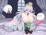  1girl all_fours arm_support bare_shoulders boo_(mario) breasts bright_pupils character_doll cleavage colored_tongue crown detached_collar dress from_side heart heart-shaped_pupils high-low_skirt highres huge_breasts kneeling konpeito_416 looking_at_viewer low_neckline luigi mario_(series) on_bed open_mouth pale_skin princess_king_boo purple_eyes purple_tongue sharp_teeth solo strapless strapless_dress super_crown symbol-shaped_pupils teeth thighhighs tongue tongue_out white_dress white_hair white_pupils white_thighhighs 