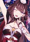  1girl aer007580 arm_up breasts brown_eyes brown_hair chinese_clothes commentary finger_to_cheek fireworks highres honkai_(series) honkai_impact_3rd large_breasts li_sushang li_sushang_(jade_knight) long_hair looking_at_viewer one_eye_closed open_mouth solo teeth upper_body upper_teeth_only 