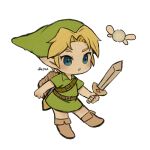  1boy ayu_(mog) belt blue_eyes brown_belt fairy green_headwear green_tunic holding holding_sword holding_weapon link male_focus navel pointy_ears shield_on_back simple_background sword the_legend_of_zelda the_legend_of_zelda:_ocarina_of_time weapon white_background wooden_shield young_link 