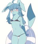  anthro bikini bikini_bottom bikini_top blue_body blue_eyes blue_fur blush breasts clothed clothing digital_media_(artwork) eeveelution eyelashes female female_anthro fur generation_1_pokemon generation_4_pokemon glaceon hair inflatable inner_tube kemono long_hair looking_at_viewer mammal navel nintendo pokemon pokemon_(species) pool_toy shiki_2p simple_background small_breasts solo swim_ring swimwear tuft 