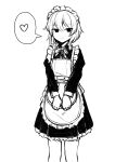  1girl apron braid closed_mouth greyscale heart highres izayoi_sakuya long_sleeves looking_at_viewer maid maid_apron maid_headdress monochrome short_hair simple_background sketch solo spoken_heart touhou twin_braids v_arms yonoisan 