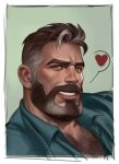  1boy alternate_costume bara beard blue_eyes brimstone_(valorant) brown_hair chest_hair collared_shirt facial_hair grey_hair heart highres looking_at_viewer male_focus mature_male muscular muscular_male old old_man pectoral_cleavage pectorals portrait sasha_shkret shirt short_hair solo spoken_heart thick_eyebrows two-tone_beard valorant wrinkled_skin 