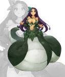  1girl absurdres breasts closed_mouth fingernails full_body green_nails green_scales hair_ornament highres lamia large_breasts long_hair looking_at_viewer monster_girl navel original purple_eyes scales shitoi_(aqua1487) smile solo tongue tongue_out white_background zoom_layer 