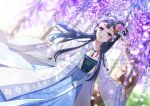  1girl black_hair blue_flower blurry blurry_background blurry_foreground chinese_clothes collarbone commentary_request depth_of_field dutch_angle flower hair_flower hair_ornament hanfu highres long_hair long_sleeves looking_at_viewer looking_away looking_to_the_side nail_polish nekozuki_yuki original parted_lips pinching_sleeves pink_flower pink_rose purple_eyes purple_flower purple_nails red_lips rose sleeves_past_wrists solo twitter_username very_long_hair watermark wisteria 