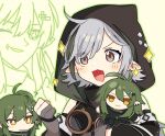  +_+ 2girls :3 ? ahoge arknights black_hair black_sleeves blush bright_pupils brown_eyes character_doll clenched_hand commentary cowlick detached_sleeves doll excited frown gavial_(arknights) gloves green_background green_hair grey_gloves grey_hair hair_ornament holding holding_doll hood hood_up hoodie long_hair maguro_kan multicolored_hair multiple_girls one_eye_closed open_mouth outline partially_fingerless_gloves pointy_ears short_hair simple_background sleeveless sleeveless_hoodie smile sparkle streaked_hair tomimi_(arknights) tongue unamused upper_body white_pupils yellow_eyes 