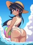  1girl absurdres arched_back areola_slip ass back ball bare_arms bare_legs beachball bikini black_hair blue_sky breasts closed_mouth cloud commentary_request day filia_(skullgirls) hair_between_eyes hat highres holding holding_ball large_breasts long_hair looking_at_viewer looking_to_the_side micro_bikini ocean outdoors painting_fish red_eyes sidelocks skullgirls sky smile solo standing sun_hat swimsuit tan tanlines thighs white_bikini 