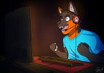  blue_eyes canid canine clothed clothing codymathews computer computer_keyboard computer_monitor computer_mouse drew_fawkes excited excited_expression fists_clenched fox fur gaming headphones male mammal open_mouth open_smile orange_body orange_fur playing_videogame smile 