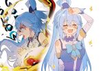  1girl absurdres angry aqua_(konosuba) blue_dress blue_eyes blue_hair blush closed_eyes dress fire glowing glowing_eyes hair_ornament hand_in_own_hair happy highres kono_subarashii_sekai_ni_shukufuku_wo! light_blush open_smile pekeheihou punching serious simple_background smile teasing teeth 