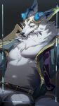  absurd_res anthro bottomwear canid canine canis clothed clothing fur hi_res humanoid l0sskim league_of_legends looking_at_viewer male mammal muscular muscular_anthro muscular_male open_clothing open_shirt open_topwear pants pecs riot_games shirt sitting smile solo teeth topwear warwick_(lol) wolf 