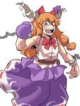  1girl :d absurdres armpits blunt_bangs blush bow bowtie breasts chain commentary eddybird55555 english_commentary gourd hair_bow highres holding_gourd horns ibuki_suika long_hair looking_at_viewer oni_horns open_mouth orange_eyes orange_hair purple_skirt red_bow red_bowtie sharp_teeth shirt skirt sleeveless small_breasts smile solo teeth toned torn_clothes touhou very_long_hair white_shirt 