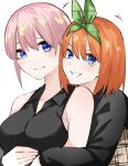  2girls :d absurdres arm_around_waist bare_shoulders black_shirt blue_eyes breasts closed_mouth commentary_request eyebrows_hidden_by_hair go-toubun_no_hanayome green_ribbon grin hair_between_eyes hair_ribbon highres hug hug_from_behind large_breasts long_shirt looking_at_viewer mame1645 medium_hair multiple_girls nakano_ichika nakano_yotsuba orange_hair pink_hair plaid plaid_ribbon ribbon shirt short_hair siblings simple_background sisters sleeveless sleeveless_shirt smile straight_hair sweatdrop teeth twins upper_body v-shaped_eyebrows white_background 