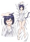 1girl 1other animal_ears arm_up barefoot bed_sheet blue_hair breasts cat_ears cleavage collarbone collared_shirt hand_on_another&#039;s_head hands_up highres long_sleeves lying mole mole_under_eye multiple_views naked_shirt nijisanji on_back one_eye_closed open_mouth oyama_natsuki shirt shizuka_rin short_hair translation_request virtual_youtuber white_background white_shirt yellow_eyes 