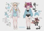  2girls absurdres alternate_costume animal_ears animal_hair_ornament arknights artist_name bikini black_bikini black_choker black_footwear black_ribbon blue_dress blue_one-piece_swimsuit blue_scrunchie blue_shirt braid casual_one-piece_swimsuit cherry_print chinese_commentary chinese_text choker closed_mouth collarbone commentary_request dress floral_print flower food_print fox_ears fox_girl frilled_bikini frilled_one-piece_swimsuit frills green_eyes hair_flower hair_ornament hair_ribbon hair_scrunchie hairclip hat highres hood hood_down hooded_jacket jacket long_hair long_sleeves morte_(arknights) multiple_girls nail_polish no_tail one-piece_swimsuit peaked_cap pink_eyes pink_nails polka_dot polka_dot_bikini polka_dot_ribbon print_shirt print_swimsuit puffy_long_sleeves puffy_sleeves purple_hair red_medicine reference_sheet ribbon sandals scrunchie see-through see-through_jacket shamare_(arknights) shirt short_dress short_hair simple_background sleeves_past_wrists stuffed_wolf suzuran_(arknights) swimsuit toenail_polish toenails translation_request twin_braids twintails weibo_username white_background white_footwear white_jacket yellow_flower 