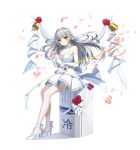  1girl ankle_bow back_bow banner bare_shoulders bell blunt_bangs blush bouquet bow braid bridal_gauntlets chinese_text closed_mouth closers dress falling_petals floating_hair flower full_body grey_hair hair_ribbon high_heels highres holding holding_bouquet lace-trimmed_dress lace_trim long_hair looking_at_viewer no_pupils official_art orange_eyes pantyhose petals pink_flower pink_rose red_flower red_rose refrigerator ribbon rose short_dress side_braids sitting sleeveless sleeveless_dress smile solo tachi-e tina_(closers) wedding_dress white_background white_bow white_bridal_gauntlets white_dress white_flower white_footwear white_pantyhose white_ribbon white_rose 