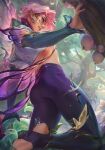  1boy ass bich_hoan black_gloves bug butterfly crop_top day earrings ezreal faerie_court_ezreal fairy fairy_wings gloves highres jewelry league_of_legends male_focus official_alternate_costume outdoors pants pink_hair pointy_ears purple_pants short_hair single_glove smile solo wings 