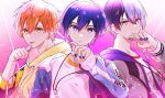  3boys aoyagi_touya blonde_hair blue_eyes blue_hair blue_nails closed_mouth commentary_request dark_blue_hair drawstring earrings fingernails green_eyes grey_eyes hair_between_eyes highres hood hood_down hoodie hoop_earrings jacket jewelry kaito_(vocaloid) looking_at_viewer multicolored_hair multiple_boys nail_polish necklace open_clothes open_jacket orange_hair parted_lips project_sekai ring_necklace shinonome_akito short_hair sleeves_past_elbows split-color_hair streaked_hair stud_earrings teneko02 tongue tongue_out two-tone_hair upper_body vivid_bad_squad_(project_sekai) vivid_bad_squad_kaito yellow_hoodie 