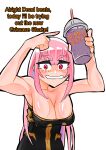 1girl absurdres bare_shoulders black_dress breasts cleavage commentary cup dress drinking_straw english_commentary grimace_shake_(meme) highres holding holding_cup hololive hololive_english koizumi_arata large_breasts long_hair looking_at_viewer meme mori_calliope pink_eyes pink_hair pointing simple_background smile solo strapless strapless_dress upper_body virtual_youtuber white_background 