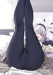  1girl ;d ? @_@ black_gloves black_leggings blue_archive blush camel feet_out_of_frame gloves grey_hair hair_spread_out halo highres himari_(blue_archive) indoors leggings legs_up looking_at_viewer lying mole mole_under_eye nakamura_rohane nose_blush on_back one_eye_closed pointy_ears smile solo spoken_question_mark sweatdrop 