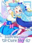  1girl blue_background blue_cape blue_eyes blue_hair border brooch cape character_name cure_sky cut_bangs dated detached_sleeves dress earrings fingerless_gloves gloves happy_birthday hirogaru_sky!_precure jewelry long_hair magical_girl one_eye_closed pink_background precure puffy_detached_sleeves puffy_sleeves red_cape single_sidelock smile solo sora_harewataru tanshi_tanshi twintails two-sided_cape two-sided_fabric very_long_hair white_border white_gloves wing_brooch wing_hair_ornament 