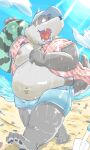  2023 anthro beach belly big_belly bodily_fluids bottomwear canid canine canis clothed clothing cloud dain_4201 domestic_dog hat headgear headwear hi_res humanoid_hands kemono male mammal moobs navel nipples open_clothing open_shirt open_topwear outside overweight overweight_male seaside shirt shorts solo sweat topwear 