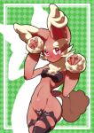  1girl :3 alternate_species animal_ear_legwear animal_ears animal_nose argyle argyle_background black_thighhighs blush body_fur border breasts brown_fur cat_ear_legwear cat_ears cat_girl cat_tail closed_mouth commentary cowboy_shot drop_shadow fumirumochigashin furry furry_female green_background groin hands_up happy looking_at_viewer lopunny maebari navel neck_fur nose_blush outside_border paw_pose pink_eyes pokemon pokemon_(creature) skindentation small_breasts smile solo standing stomach tail textless_version thighhighs torn_clothes torn_thighhighs two-tone_fur white_border wide_hips yellow_fur 