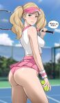  1girl alternate_costume ass ball blonde_hair blurry blurry_background blush breasts cowboy_shot crop_top english_text from_behind green_eyes hand_up highres holding holding_ball holding_tennis_racket lepypepy looking_back medium_breasts microskirt outdoors panties patreon_username persona persona_5 pink_headwear pink_panties pink_skirt racket skirt smile solo speech_bubble sportswear takamaki_anne teeth tennis_ball tennis_court tennis_racket tennis_uniform thighs twintails underwear visor_cap wristband 