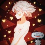  1boy 1girl albino albino_girl_(srgrafo) artist_self-insert breasts character_name collarbone english_text floating_hair heart_cheeks light_frown looking_to_the_side nipples nude original pale_skin red_background red_eyes short_hair small_breasts solo_focus srgrafo white_hair 