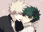  2boys alternate_costume bakugou_katsuki black_sweater blonde_hair blush boku_no_hero_academia coi_mha dated freckles from_side green_hair grey_background happy_white_day heart long_sleeves male_focus midoriya_izuku multiple_boys profile short_hair sleeves_past_wrists smile spiked_hair sweater teeth white_sweater yaoi 