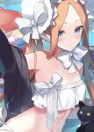  1girl abigail_williams_(fate) abigail_williams_(swimsuit_foreigner)_(fate) abigail_williams_(swimsuit_foreigner)_(third_ascension)_(fate) bare_shoulders bikini black_cat blonde_hair blue_eyes blush bonnet bow breasts cat fate/grand_order fate_(series) forehead fukuda935 innertube long_hair looking_at_viewer parted_bangs small_breasts smile solo swimsuit white_bikini white_bow white_headwear 