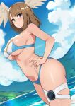  1girl bare_arms bare_shoulders bikini blue_eyes blush breasts brown_hair closed_mouth curvy day eunie_(xenoblade) from_side hand_on_own_hip head_wings kaos_art lake large_breasts long_hair looking_at_viewer looking_to_the_side multicolored_bikini multicolored_clothes navel outdoors sideboob solo swept_bangs swimsuit thigh_strap water wings xenoblade_chronicles_(series) xenoblade_chronicles_3 