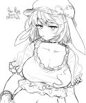  2girls animal_ears breasts cabbie_hat cleavage collarbone efukei floppy_ears greyscale hat highres large_breasts monochrome multiple_girls navel rabbit_ears ringo_(touhou) seiran_(touhou) short_hair simple_background sketch solo_focus touhou white_background 